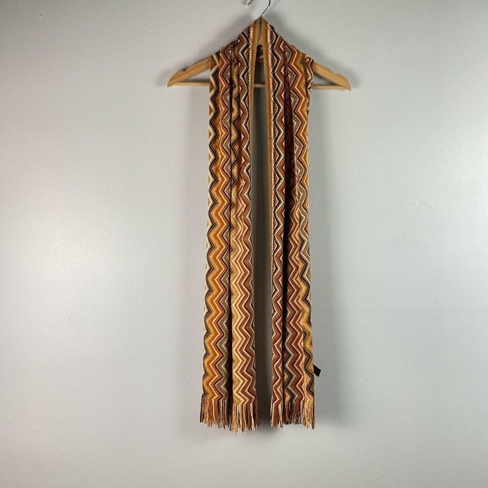 Missoni Wool Zig Zag Scarf With Fringe and Metallic Detail